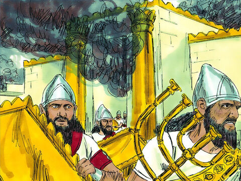 Los babilonios entraron en la ciudad. Invadieron el templo y tomaron todos los objetos de oro, plata y bronce. Saquearon las casas. Luego prendieron fuego al templo, el palacio y otros magníficos edificios. – Número de diapositiva 11