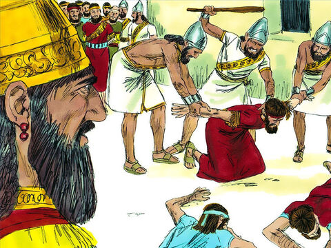 Los generales babilonios tomaron a todos los sacerdotes y oficiales más importantes, todos los cuales habían sido responsables de dejar que el pueblo desobedeciera a Dios y los llevaron al campo del rey Nabucodonosor. Ahí fueron golpeados y muertos. – Número de diapositiva 12
