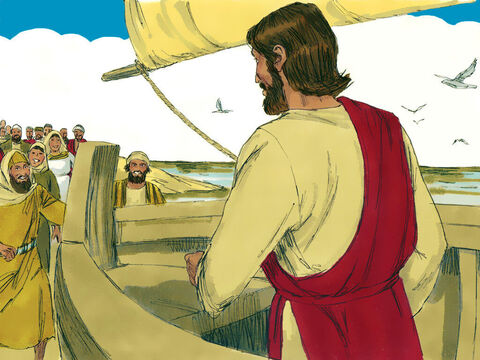 Una gran multitud vio cómo Jesús y sus discípulos subieron a la barca y les siguieron a pie. Muchas de estas personas eran peregrinos que iban a celebrar la fiesta de la pascua en Jerusalén. – Número de diapositiva 2