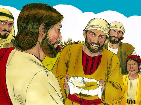 Andrés, hermano de Simón Pedro, dijo: “Aquí hay un muchacho que tiene cinco panes de cebada y dos pececillos. Pero, ¿Qué es esto para tantos?” – Número de diapositiva 7