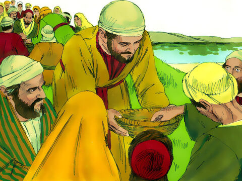 Los discípulos repartieron el pan y los peces y todos comieron hasta saciarse. – Número de diapositiva 10