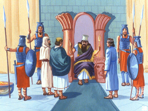 Sadrac, Mesac y Abednego fueron llevados al pabellón real. Y cuando el rey les preguntó si era cierto que no se habían postrado ante las imágenes de oro, le dijeron que era cierto. – Número de diapositiva 23