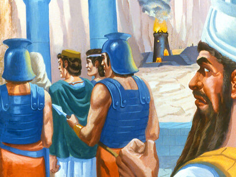 Y ordenó que Sadrac, Mesac y Abednego fueran llevados al horno y condenados a muerte por su desobediencia voluntaria. – Número de diapositiva 27