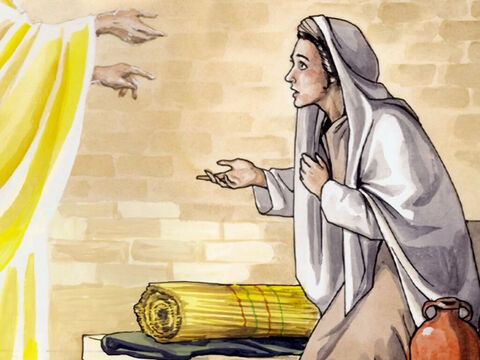 —Aquí tienes a la sierva del Señor —contestó María—. Que él haga conmigo como me has dicho. Con esto, el ángel la dejó. – Número de diapositiva 9