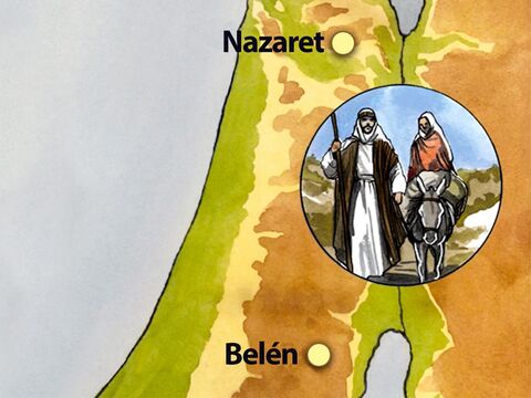 Todos tenían que ir a inscribirse a su propio pueblo. Por esto, José salió del pueblo de Nazaret, de la región de Galilea, y se fue a Belén, en Judea, donde había nacido el rey David, porque José era descendiente de David. – Número de diapositiva 2