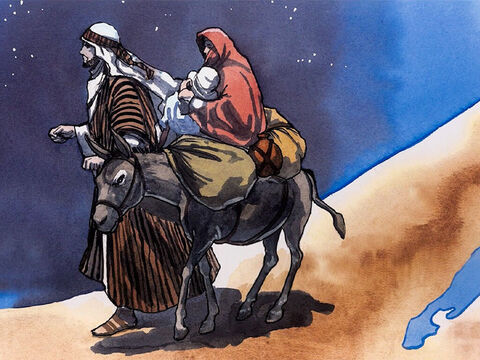 José se levantó, tomó al niño y a su madre, y salió con ellos de noche camino de Egipto, donde estuvieron hasta que murió Herodes. Esto sucedió para que se cumpliera lo que el Señor había dicho por medio del profeta: "De Egipto llamé a mi Hijo." – Número de diapositiva 2