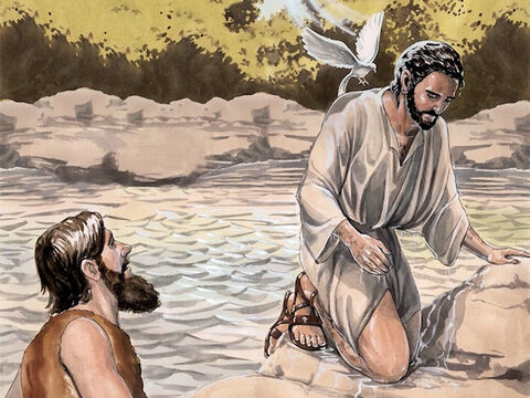 En cuanto Jesús fue bautizado y salió del agua, el cielo se le abrió y vio que el Espíritu de Dios bajaba sobre él como una paloma. – Número de diapositiva 5