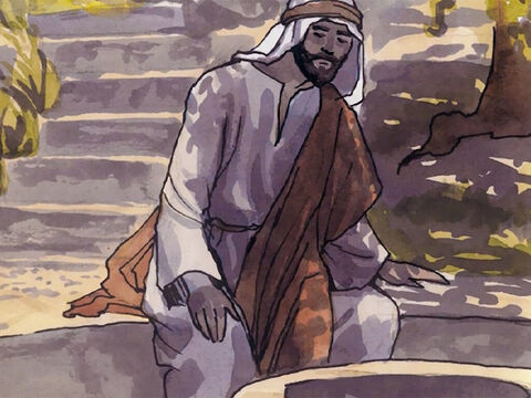 Allí estaba el pozo de Jacob. Jesús, cansado del camino, se sentó junto al pozo. Era cerca del mediodía. – Número de diapositiva 4