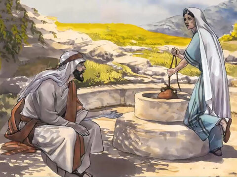 Los discípulos habían ido al pueblo a comprar algo de comer. En eso, una mujer de Samaria llegó al pozo a sacar agua, y Jesús le dijo – Número de diapositiva 5