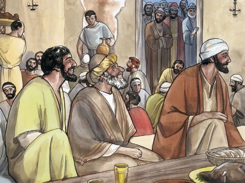 y muchos de los que cobraban impuestos para Roma, y otra gente de mala fama, llegaron y se sentaron también a la mesa junto con Jesús y sus discípulos. – Número de diapositiva 4