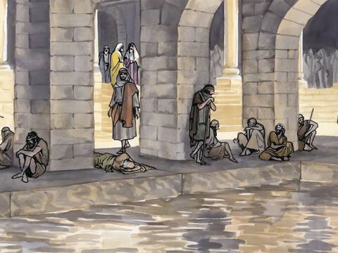  Algún tiempo después, los judíos celebraban una fiesta, y Jesús volvió a Jerusalén. En Jerusalén, cerca de la puerta llamada de las Ovejas, hay un estanque que en hebreo se llama Betzatá. Tiene cinco pórticos... – Número de diapositiva 1