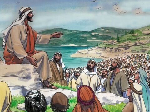 Jesús estaba en un monte enseñando a sus discípulos: "Por lo tanto, yo les digo: No se preocupen por lo que han de comer o beber para vivir, ni por la ropa que necesitan para el cuerpo. – Número de diapositiva 1