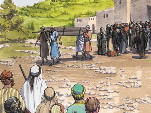 Después de esto, Jesús se dirigió a un pueblo llamado Naín. Iba acompañado de sus discípulos y de mucha gente. – Número de diapositiva 1