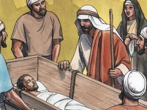 En seguida se acercó y tocó la camilla, y los que la llevaban se detuvieron. Jesús le dijo al muerto: “Joven, a ti te digo: ¡Levántate!” – Número de diapositiva 4