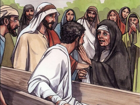 Entonces el que había estado muerto se sentó y comenzó a hablar, y Jesús se lo entregó a la madre. – Número de diapositiva 5