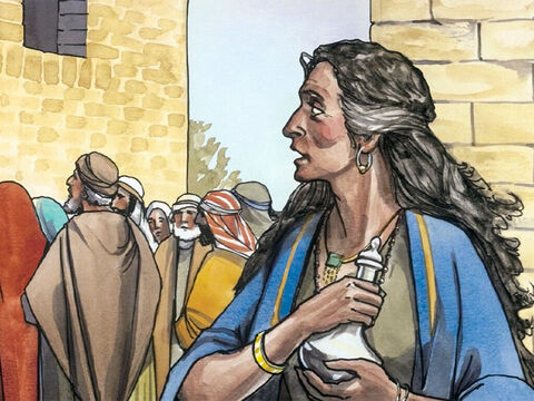 Cuando una mujer de mala vida, que vivía en el mismo pueblo y que supo que Jesús había ido a comer a casa del fariseo, llegó con un frasco de alabastro lleno de perfume. – Número de diapositiva 2