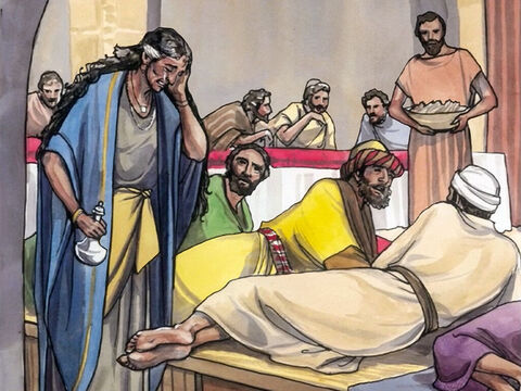 Llorando, se puso junto a los pies de Jesús y comenzó a bañarlos con lágrimas. – Número de diapositiva 3