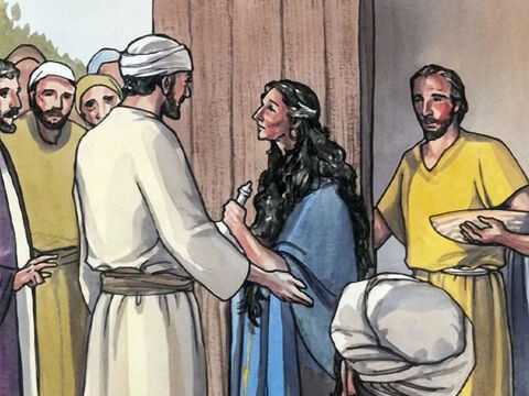 Pero Jesús añadió, dirigiéndose a la mujer:<br/>"Por tu fe has sido salvada; vete tranquila." – Número de diapositiva 12