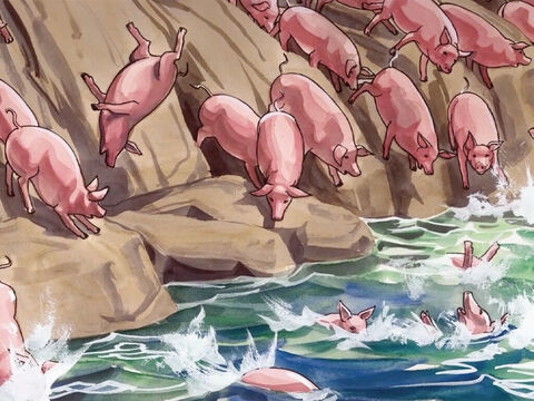 ... y al momento todos los cerdos echaron a correr pendiente abajo hasta el lago, y allí se ahogaron. – Número de diapositiva 8