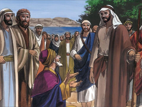 Cuando Jesús regresó al otro lado del lago, la gente lo recibió con alegría, porque todos lo estaban esperando. – Número de diapositiva 1
