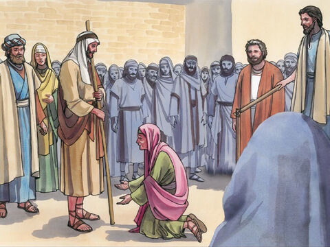 La mujer, al ver que no podía esconderse, fue temblando a arrodillarse a los pies de Jesús. Le confesó delante de todos por qué razón lo había tocado, y cómo había sido sanada en el acto. – Número de diapositiva 8