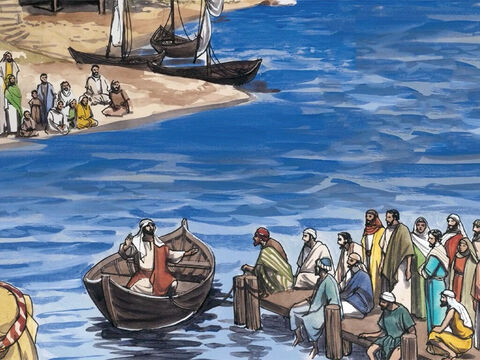 Aquel mismo día salió Jesús de casa y se sentó a la orilla del lago. Como se reunió mucha gente, Jesús subió a una barca y se sentó... – Número de diapositiva 1