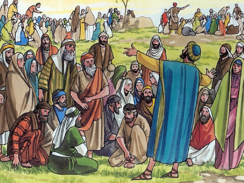 Jesús respondió: “Díganles a todos que se sienten.” Había mucha hierba en aquel lugar, y se sentaron. Eran unos cinco mil hombres. – Número de diapositiva 6