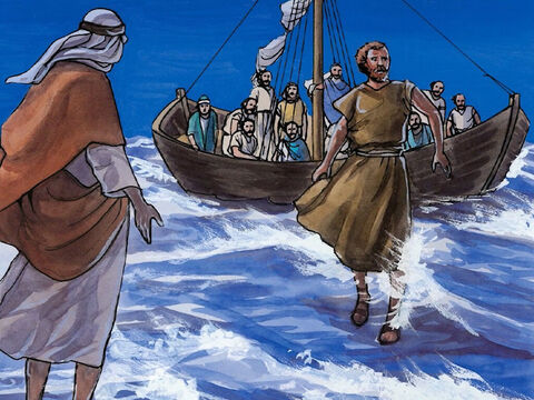 dijo Jesús: “Ven” Pedro entonces bajó de la barca y comenzó a caminar sobre el agua en dirección a Jesús. – Número de diapositiva 7