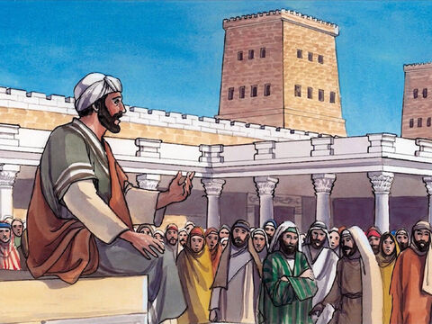 y al día siguiente, al amanecer, volvió al templo. La gente se le acercó, y él se sentó y comenzó a enseñarles. – Número de diapositiva 2