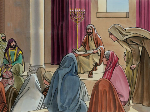 Un sábado Jesús se había puesto a enseñar en una sinagoga; y había allí una mujer que estaba enferma desde hacía dieciocho años. – Número de diapositiva 1