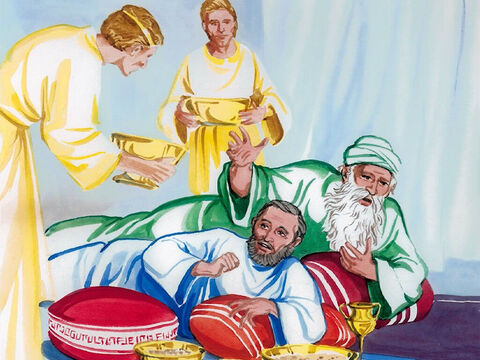 Un día el pobre murió, y los ángeles lo llevaron a sentarse a comer al lado de Abraham. El rico también murió, y fue enterrado. – Número de diapositiva 3