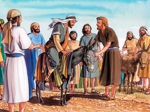 Los discípulos fueron e hicieron lo que Jesús les había mandado. Llevaron la burra y su cría, echaron sus capas encima de ellos, y Jesús montó. – Número de diapositiva 5
