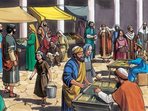 Después que llegaron a Jerusalén, Jesús entró en el templo y comenzó a echar de allí a los que estaban vendiendo y comprando. – Número de diapositiva 3