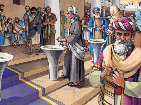 Jesús estaba una vez sentado frente a los cofres de las ofrendas, mirando cómo la gente echaba dinero en ellos. – Número de diapositiva 1