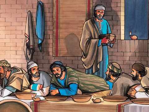Pero ninguno de los que estaban cenando a la mesa entendió por qué le decía eso. Como Judas era el encargado de la bolsa del dinero, algunos pensaron que Jesús le quería decir que comprara algo para la fiesta, o que diera algo a los pobres. – Número de diapositiva 7