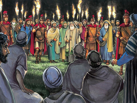 Todavía estaba hablando Jesús, cuando llegó mucha gente. El que se llamaba Judas, que era uno de los doce discípulos, iba a la cabeza. – Número de diapositiva 11