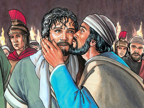 Este se acercó a besar a Jesús, pero Jesús le dijo: “Judas, ¿con un beso traicionas al Hijo del hombre?” – Número de diapositiva 12