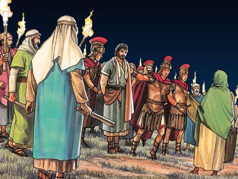 En seguida Jesús preguntó a la gente: “¿Por qué han venido ustedes con espadas y con palos a arrestarme, como si yo fuera un bandido? – Número de diapositiva 17