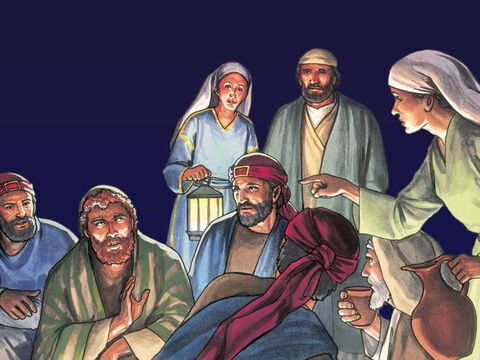 Pedro estaba sentado afuera en el patio.  Una esclava vino a él y le dijo: "Tú también estabas con Jesús. Pero él lo negó delante de todos ellos, "No sé de qué está hablando." – Número de diapositiva 1