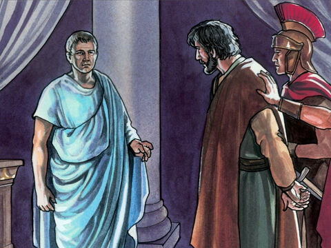 Entonces Pilatos volvió a entrar en la residencia del gobernador y llamó a Jesús y le preguntó: "¿Eres tú el Rey de los Judíos? – Número de diapositiva 8