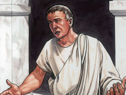 Pilatos salió a los líderes judíos y les dijo: 'Miren, os lo traigo fuera, pero sepan que no encuentro razón para una acusación contra él.' – Número de diapositiva 1