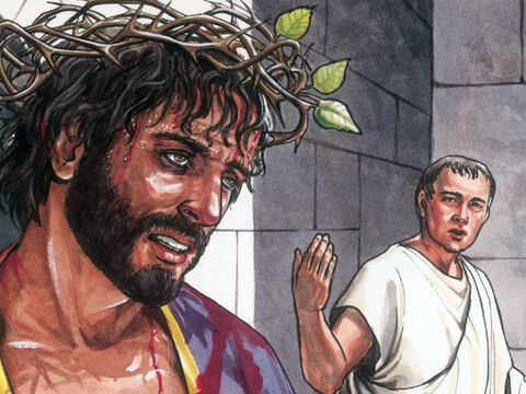 Así que Jesús salió fuera, llevando la corona de espinas y el manto púrpura. Pilatos les dijo: "Miren aquí el hombre. – Número de diapositiva 2