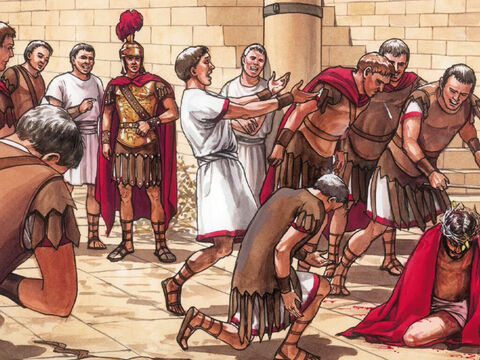 Entonces, Pilatos soltó a Barrabás.  Después ordenó que azotaran a Jesús y lo entregó para que fuera crucificado. – Número de diapositiva 1