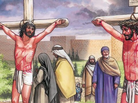 Los que estaban crucificados con Él también le hablaban de forma abusiva. Uno de los malhechores colgados arremetió contra Él diciendo, "¿Eres tú el Cristo? Sálvate a ti y a nosotros." – Número de diapositiva 3