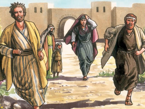 Entonces Pedro y el otro discípulo se dispusieron a ir a la tumba. Corrían los dos juntos. El otro discípulo corrió más aprisa que Pedro y llegó primero al sepulcro. – Número de diapositiva 13