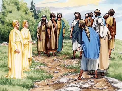 Y mientras miraban fijamente al cielo, viendo cómo Jesús se alejaba, dos hombres vestidos de blanco se aparecieron junto a ellos y les dijeron: – Número de diapositiva 9