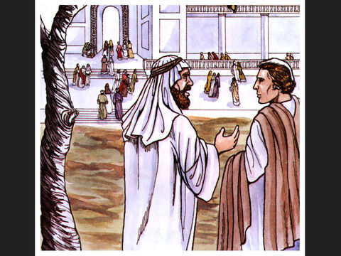 Un día, Pedro y Juan subían juntos al templo. Eran las tres de la tarde, es decir, el momento de la oración... – Número de diapositiva 1