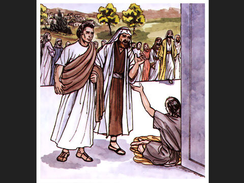 Cuando el hombre  vio que Pedro y Juan estaban por entrar, les rogó que le dieran limosna. Entonces Pedro, que estaba con Juan, fijó la mirada en el... – Número de diapositiva 3
