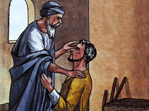 Entonces Ananías fue a la casa y entró en ella. Poniendo sus manos sobre Saulo, dijo: “Hermano Saulo, el Señor Jesús, que se te apareció en el camino cuando venías aquí, me ha enviado para que puedas ver nuevamente y ser lleno del Espíritu Santo”.<br/>Al instante cayó de los ojos de Saulo algo como escamas, y pudo ver nuevamente. – Número de diapositiva 12