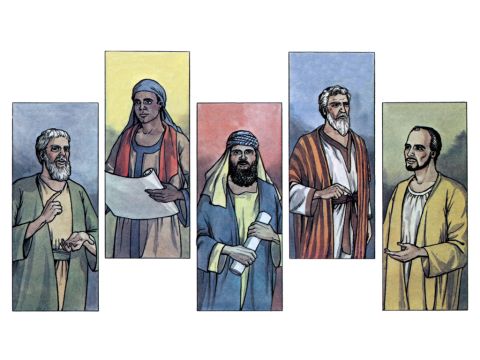En la iglesia de Antioquía había profetas y maestros: Bernabé, Simeón, apodado el Negro, Lucio de Cirene, Manaén (el que se había criado junto con Herodes el tetrarca) y Saulo. – Número de diapositiva 5